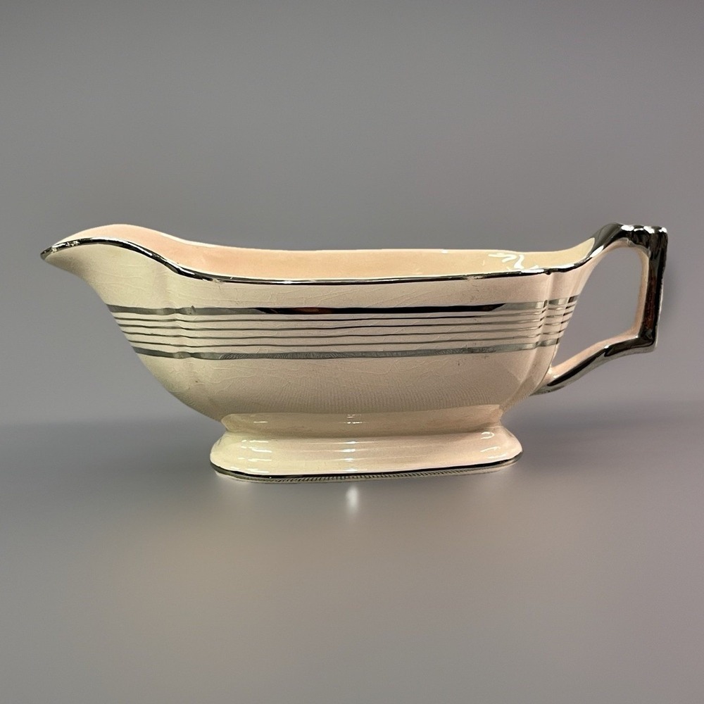 Limoges Peach Blo Ritz Platinum Gravy Boat Seabring Ohio Platinum Etching Trim